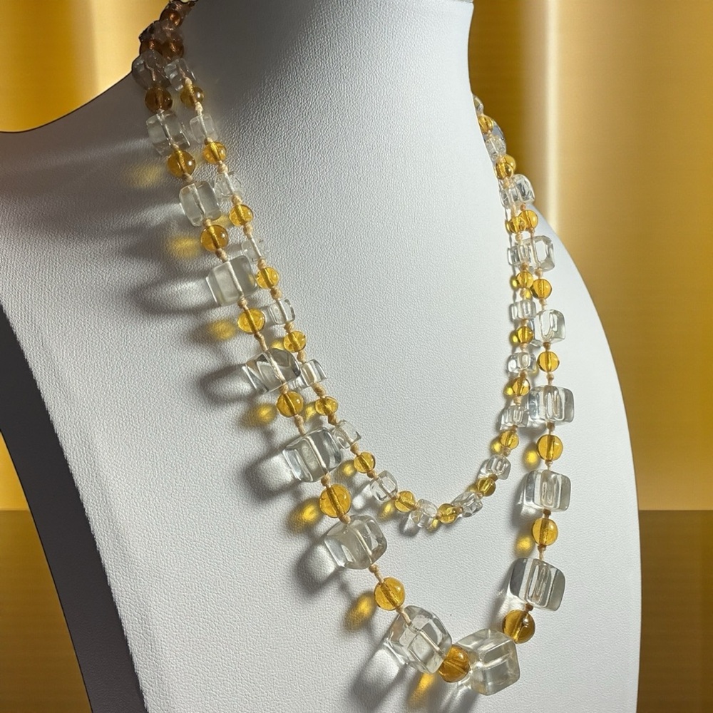 Vintage Czech Glass Necklace Clear Cube Beads Honey Spacer Beads Art Deco